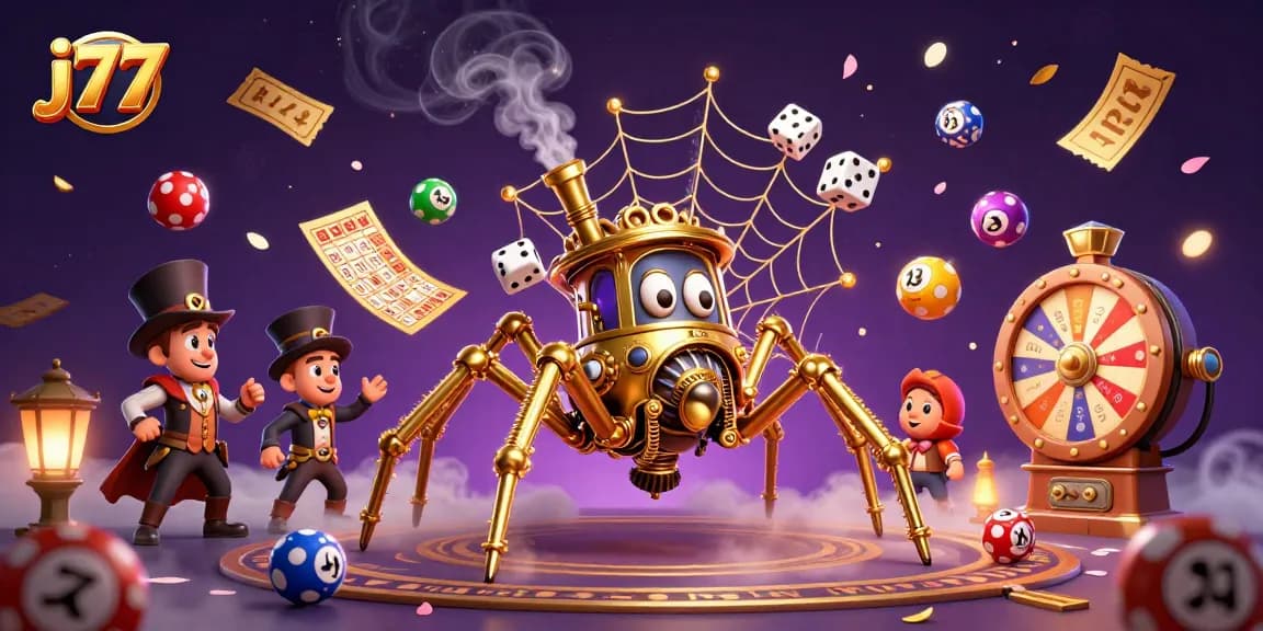 Play exciting games at j77 with a dynamic illustration featuring a steampunk spider and various gaming elements.