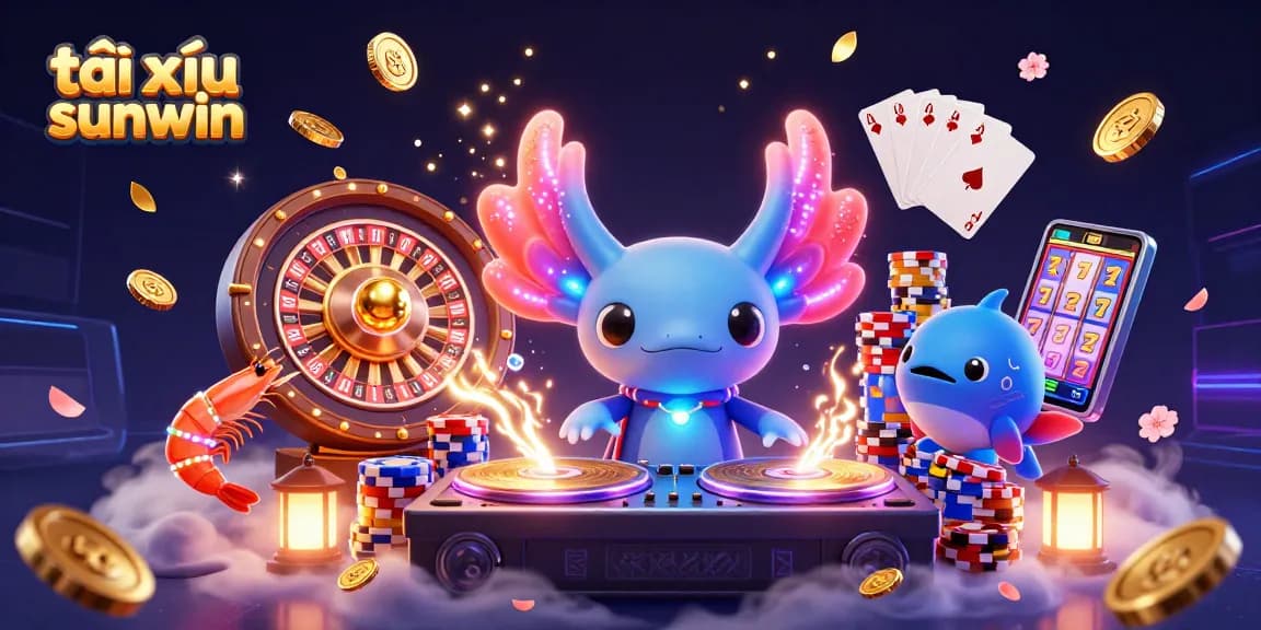 Tài xỉu sunwin shines with a vibrant DJ axolotl and dynamic casino elements in this engaging 3D scene.