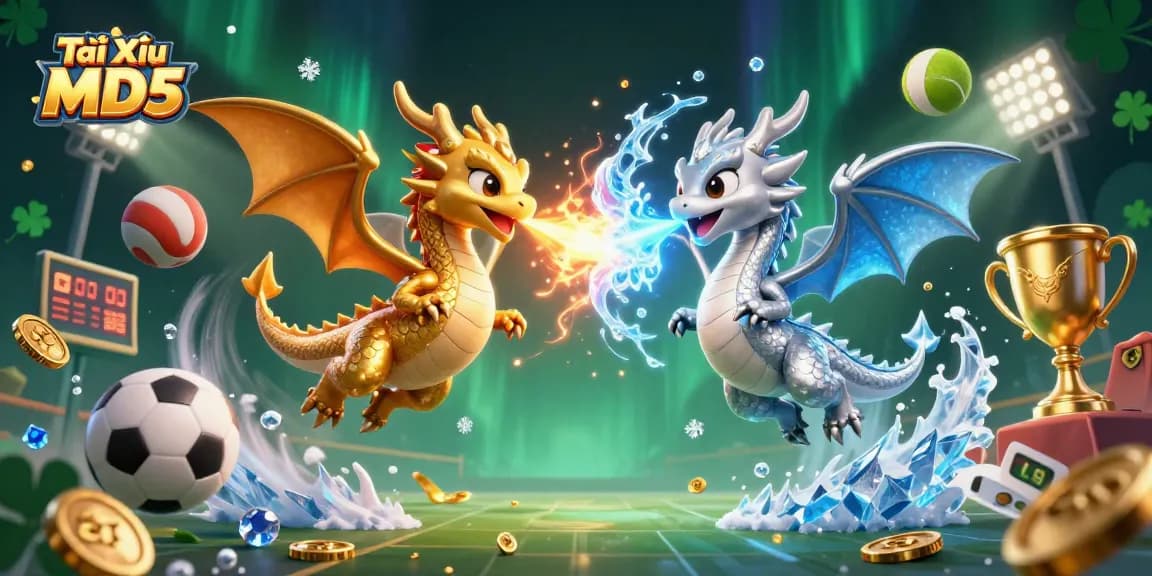 Tài Xỉu MD5 showcases a thrilling scene with dragons and sports elements highlighting the excitement of gambling.