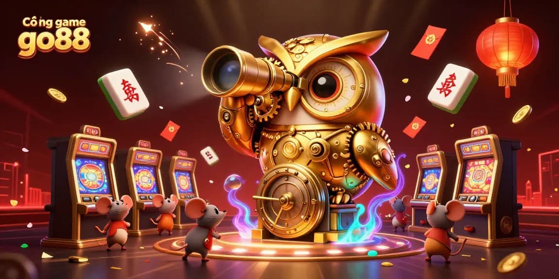 Cổng game go88 showcasing a dynamic 3D casino illustration featuring a golden owl and brass slot machines.