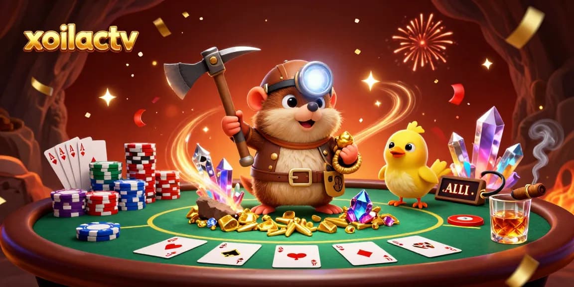 Experience thrilling sports betting action with xoilactv's vibrant scene of a treasure hunter mole and colorful poker elements.