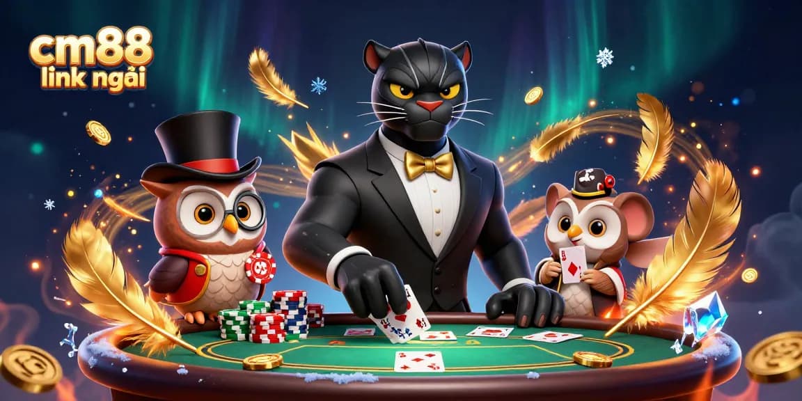 Join the fun and excitement at cm88 link mới with stylish characters and poker action in a vibrant casino illustration.