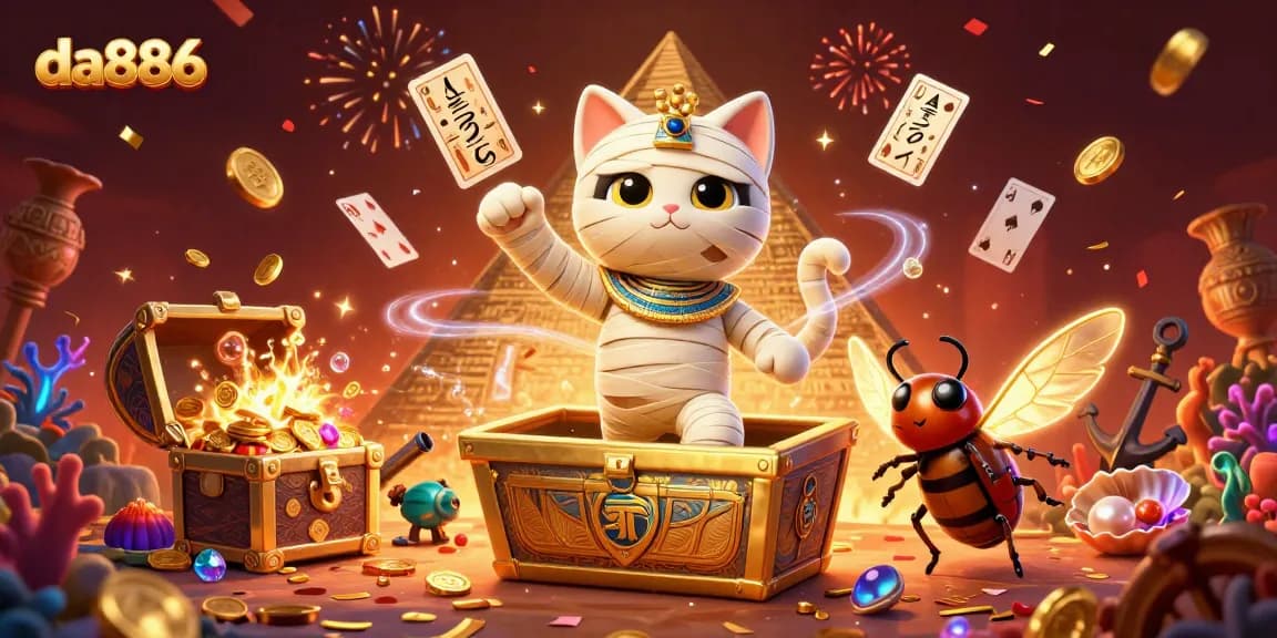 Join the exciting da886 gaming adventure with an Egyptian mummy cat and scarab beetle in this vibrant casino scene.