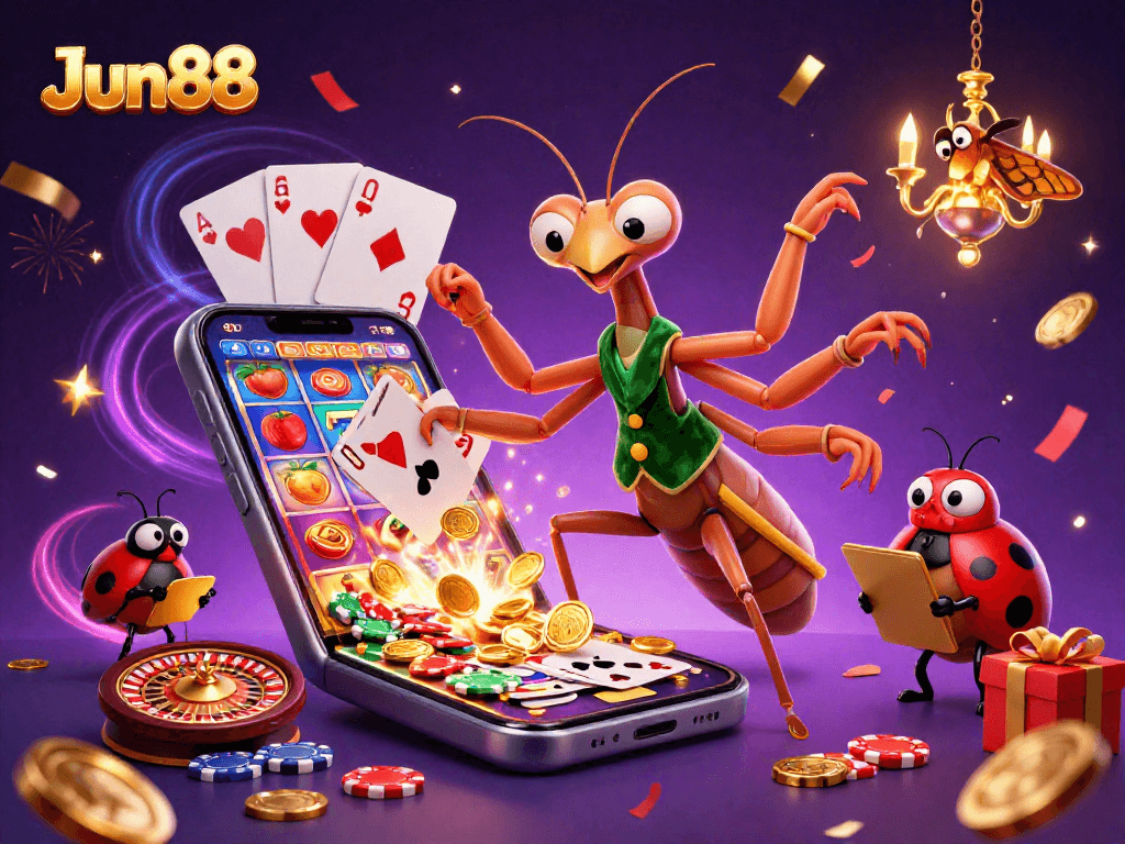 Experience thrilling gameplay at Jun88 with a lively 3D casino scene, showcasing vibrant slots and character interactions.