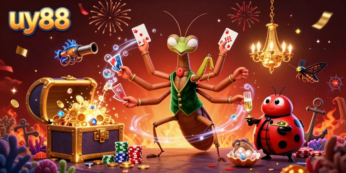 Experience the charm of uy88, where a giant praying mantis card sharp and a ladybug pit boss create a magic-filled casino scene.
