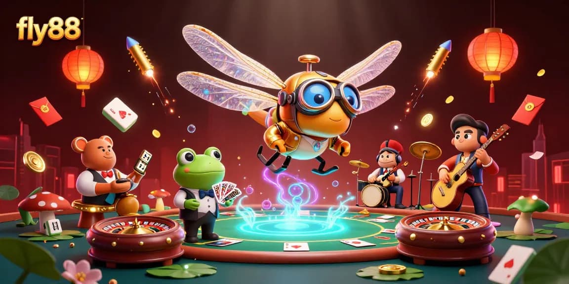 Engage with games at fly88 featuring a dynamic casino scene with poker elements and vibrant dragonfly pilot.