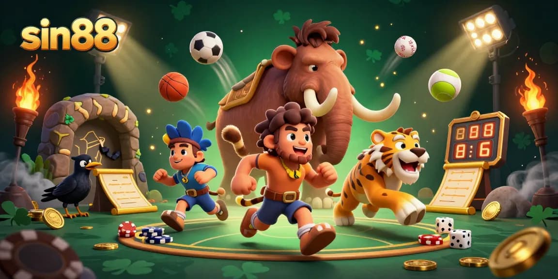 Sin88 showcases a prehistoric casino scene with characters and dynamic sports elements in 3D.