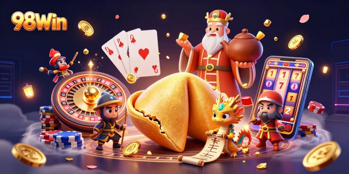 Experience thrilling games at 98Win with a vibrant casino illustration showcasing action and excitement.