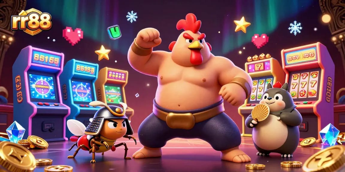 Experience the vibrant rr88 gaming adventure with cartoon sumo wrestler and playful elements.