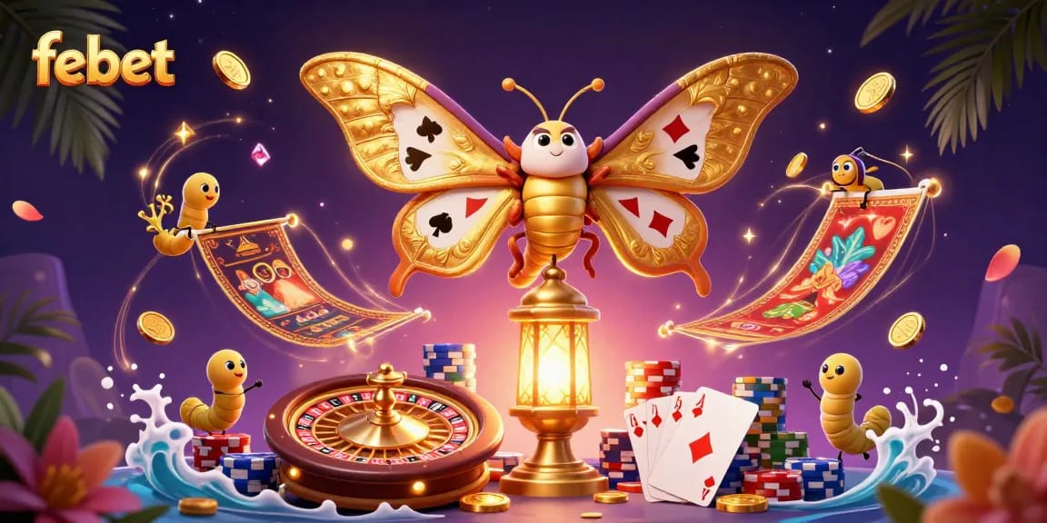 Experience thrilling gameplay with febet featuring a majestic atlas moth, golden treasures, and exciting casino elements.