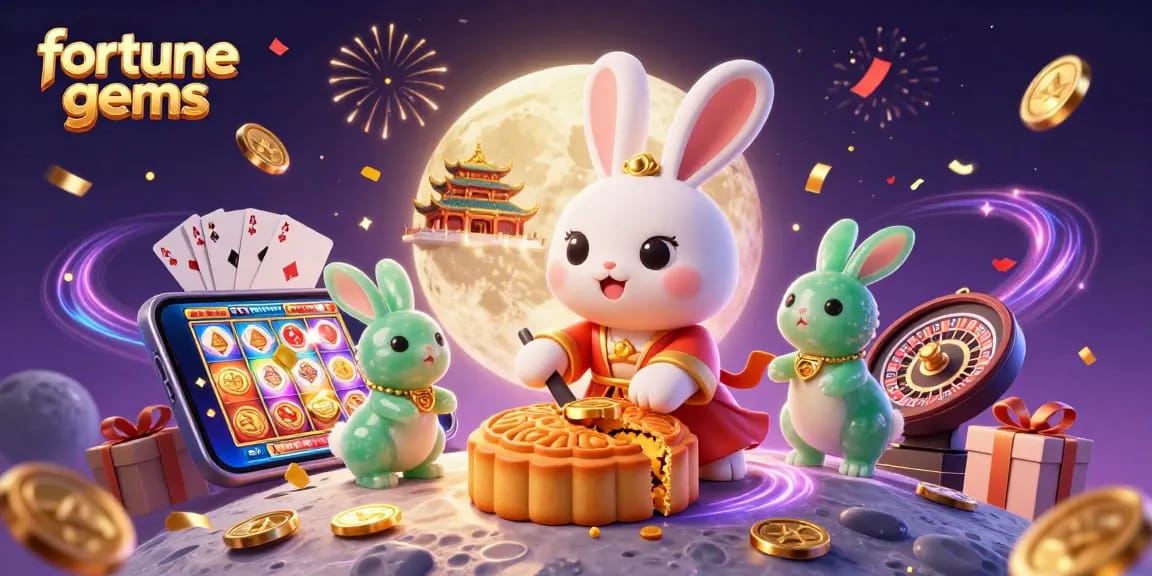 Experience the vibrant world of fortune gems with a moon rabbit and jade companion amidst casino symbols.