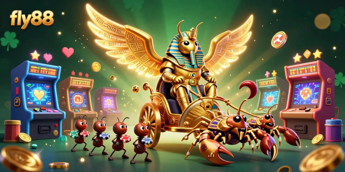 Experience thrilling gaming at fly88 with a dynamic scene filled with a colossal scarab beetle, scorpions, and poker chips.