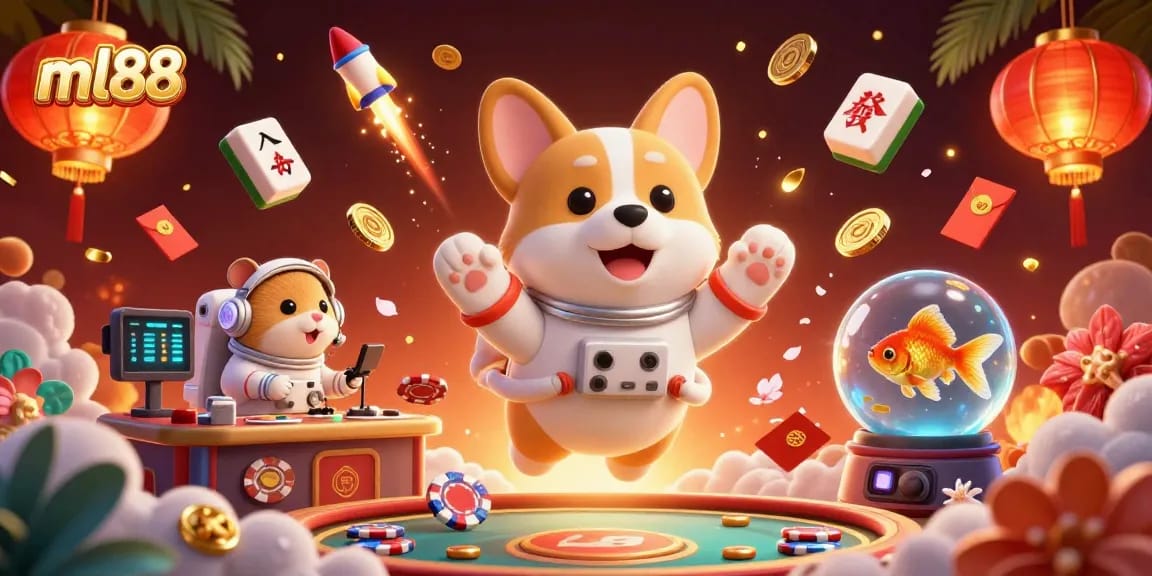 Experience gaming thrills in a vibrant ml88 casino scene with a 3D corgi and floating elements.