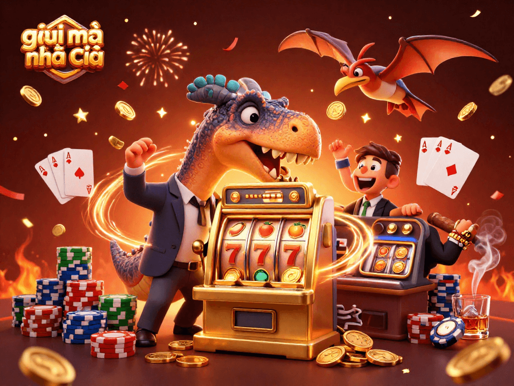 Engage in giải mã nhà cái with this vivid 3D scene of a dinosaur jackpot celebration at a casino.