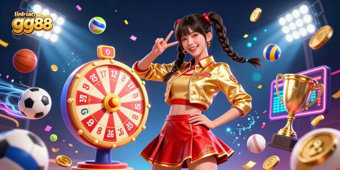 Join in the excitement at link vào gg88 with a vibrant 3D illustration of a lucky Asian player surrounded by colorful lottery elements and sports excitement.