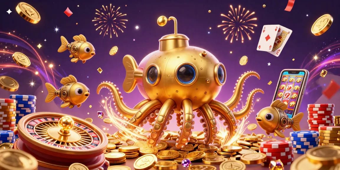 Experience the thrill of bandar togel with a golden kraken submarine exploring a treasure of coins, festive energy, and exciting game elements.
