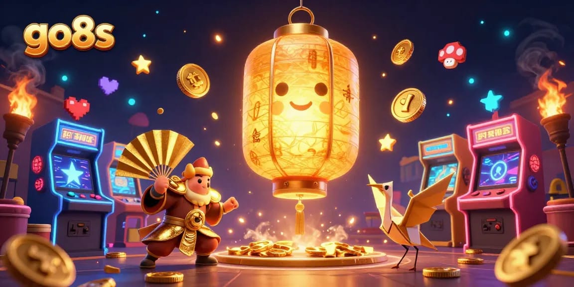 Experience excitement at go8s night market casino with golden spirits, arcade machines, and vibrant gaming elements.