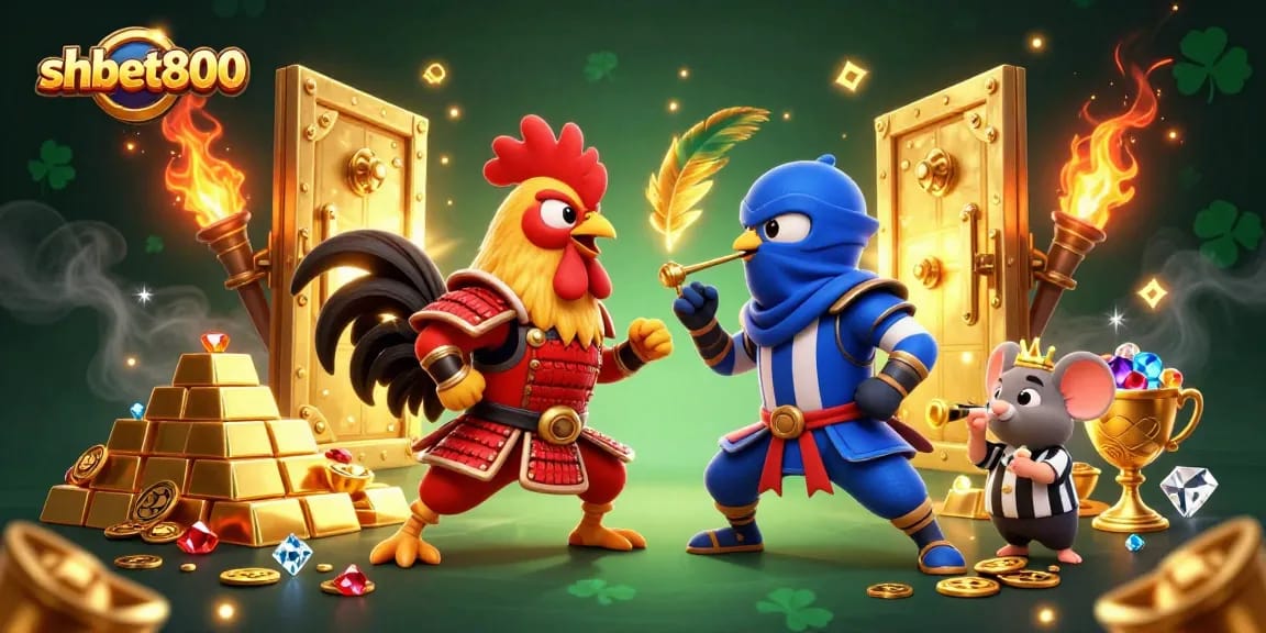 Experience the excitement of shbet800 with dynamic fighting roosters in a colorful gambling scene.