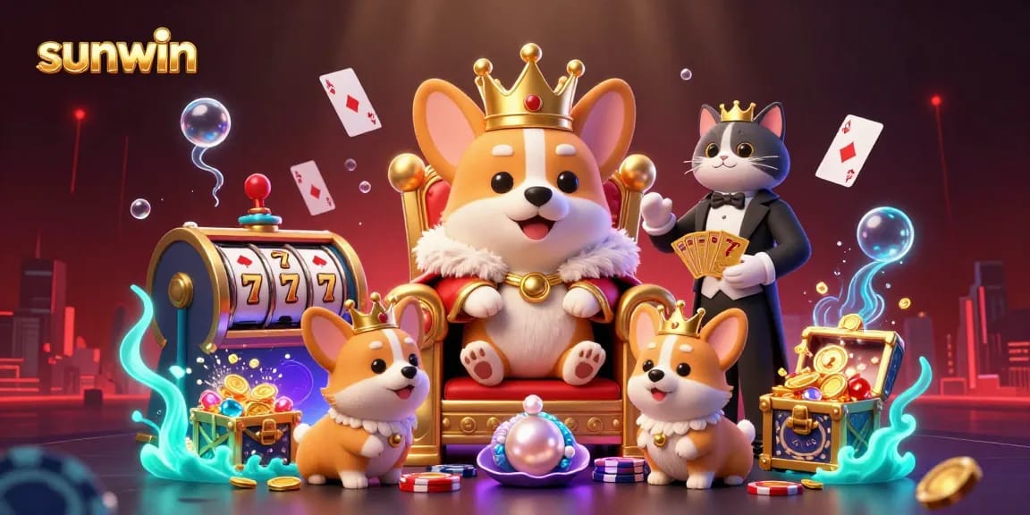 Experience fun and excitement at sunwin's lively casino with a royal corgi on a throne of poker chips.