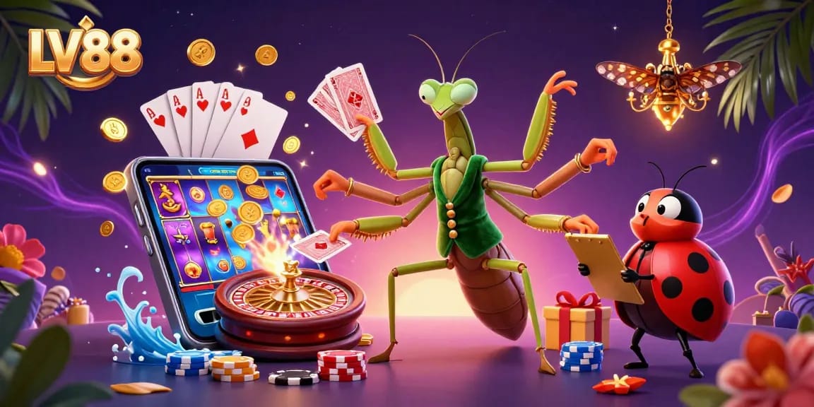 Experience vibrant gaming with LV88's unique 3D casino illustration featuring dynamic characters.