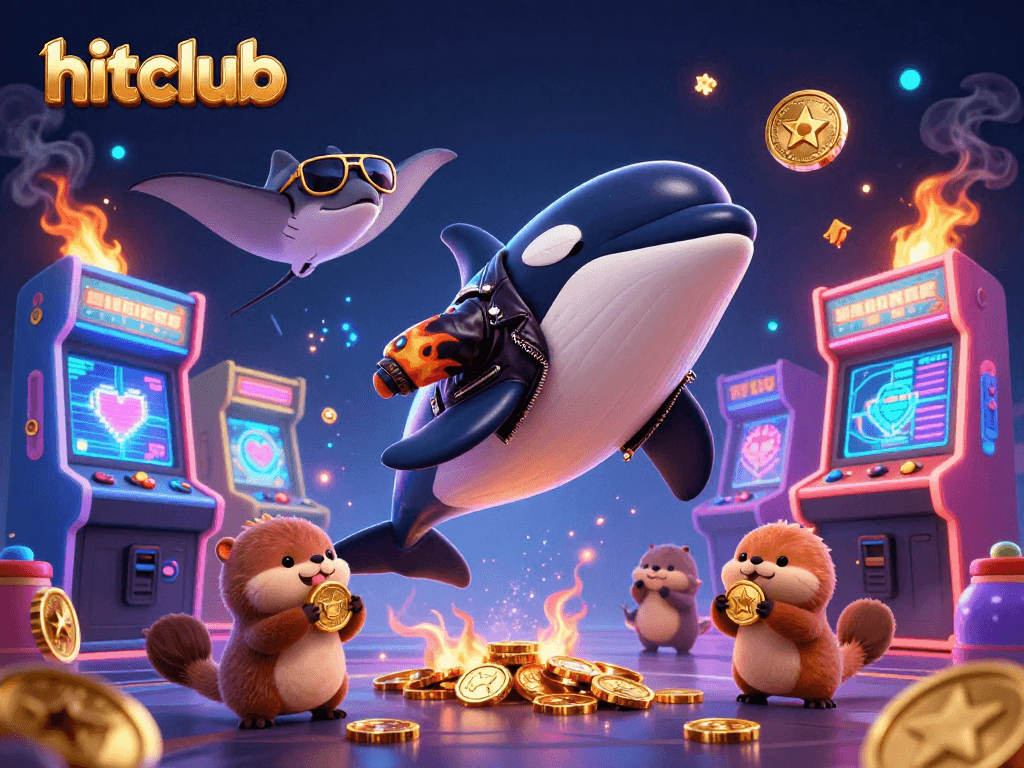 Hitclub showcases a vibrant 3D scene with a jumping orca and sea otters holding coins, capturing casino excitement.