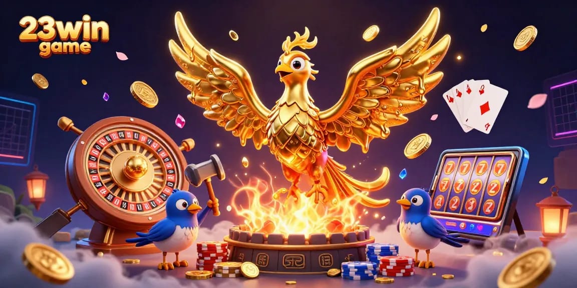 Experience the excitement of 23win game with stunning visuals of golden phoenix and dynamic casino elements.