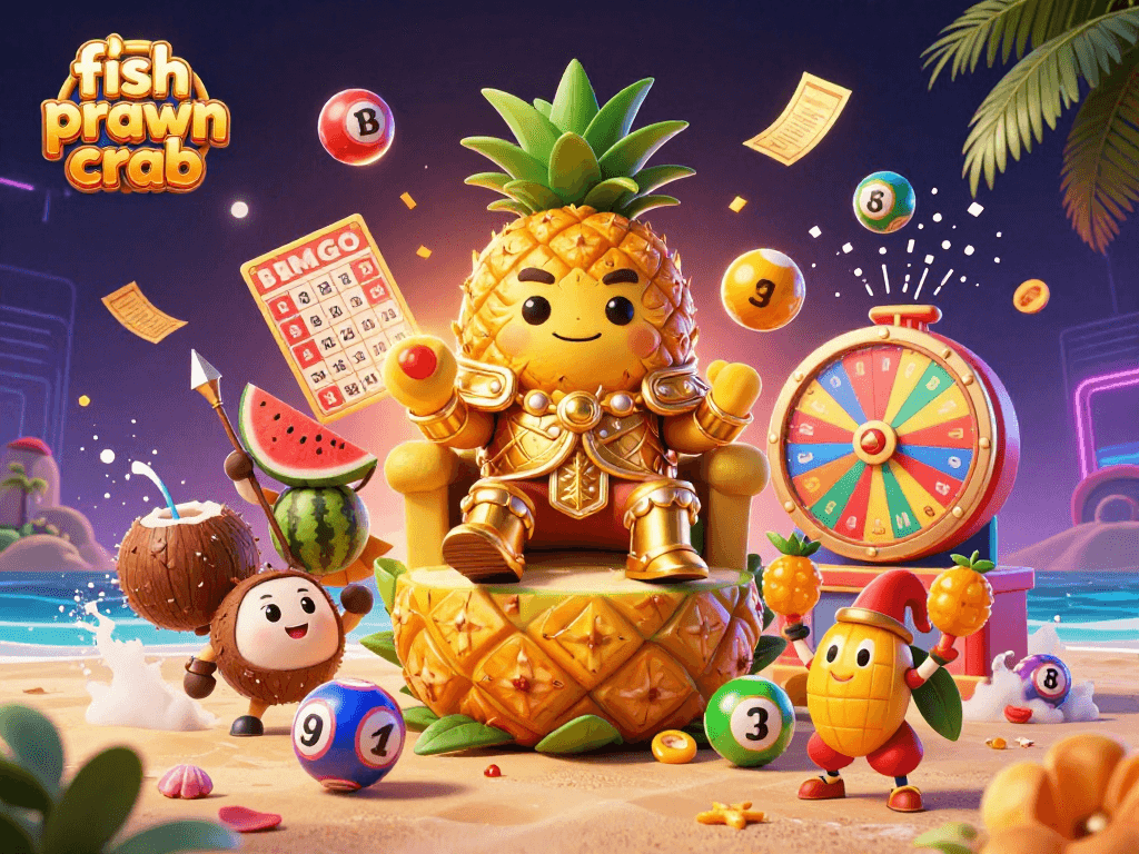 Engage in thrilling gameplay with fish prawn crab as colorful elements flutter around a golden pineapple king.