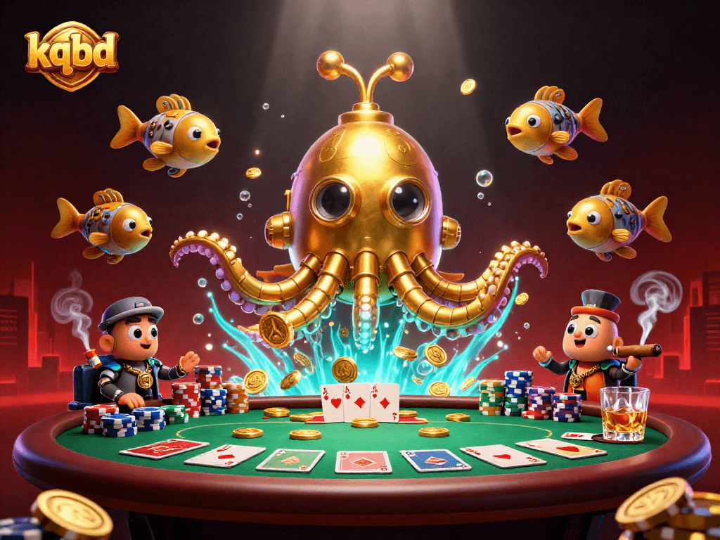Experience live action with kqbd as the golden kraken submarine emerges from a sea of coins amid poker excitement.