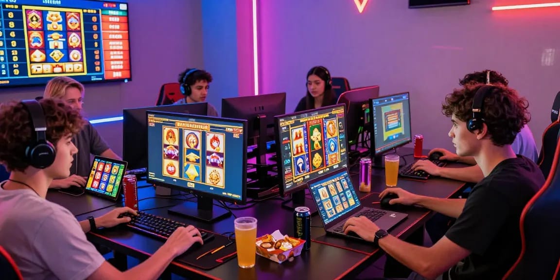 Friends enjoying an exciting online gaming session, focusing on depo pulsa 10k tanpa potongan and slot games with vibrant graphics.