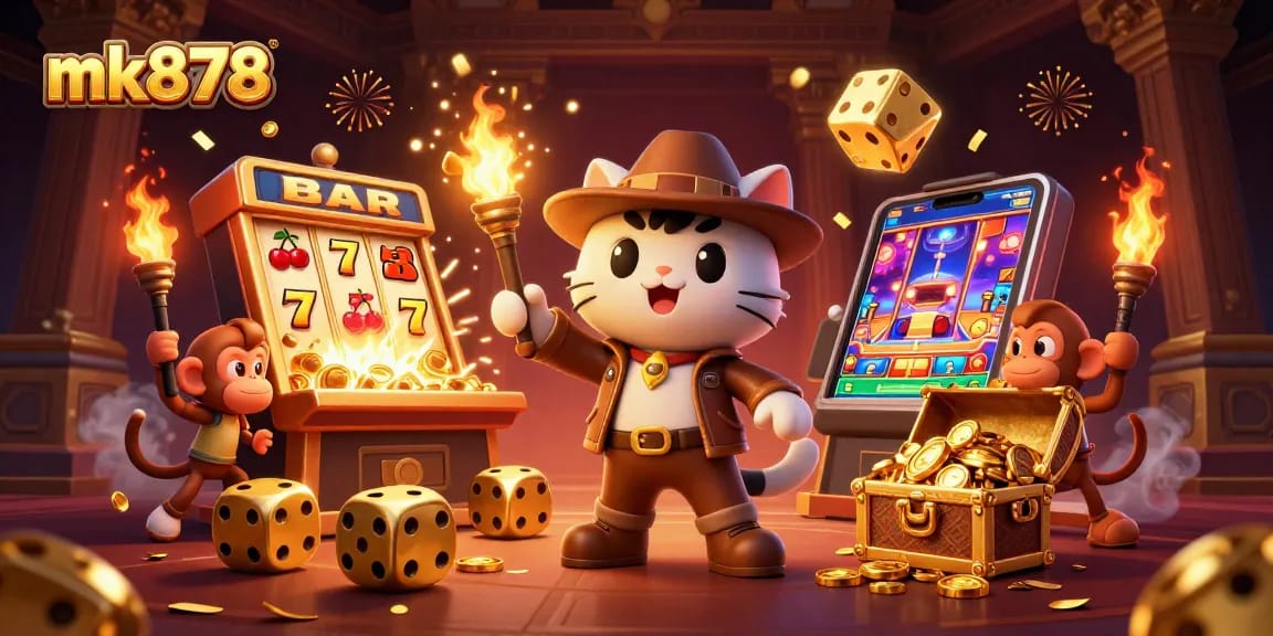Experience the thrill at mk878 with a cartoon explorer and monkey companion amidst a jackpot explosion!