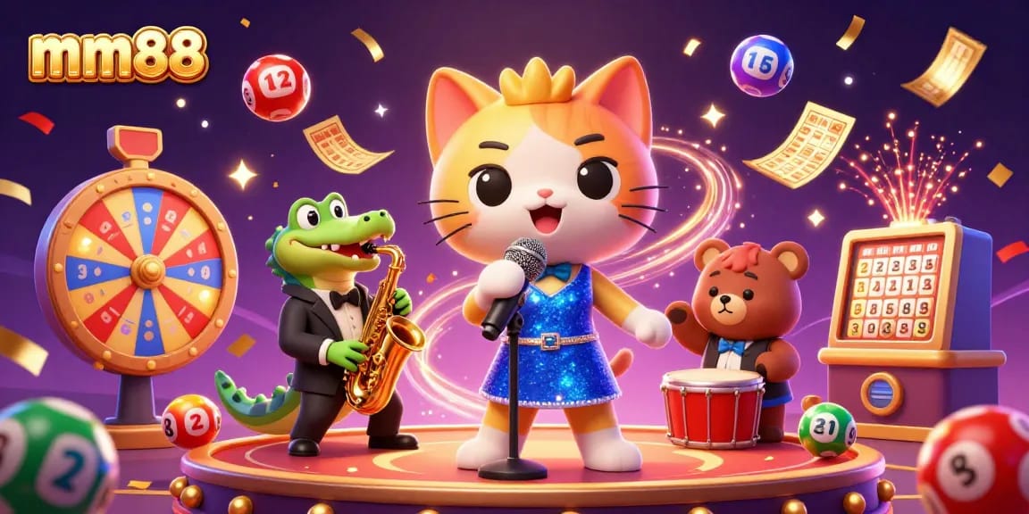 Experience the thrill of casino games with mm88's vibrant 3D illustration featuring lively characters and exciting elements.