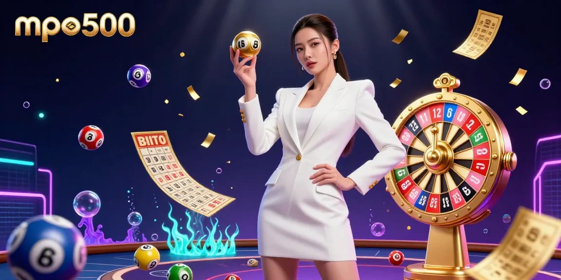 Engage in the excitement of mpo500 with a dynamic scene showcasing thrilling casino elements and a confident player.