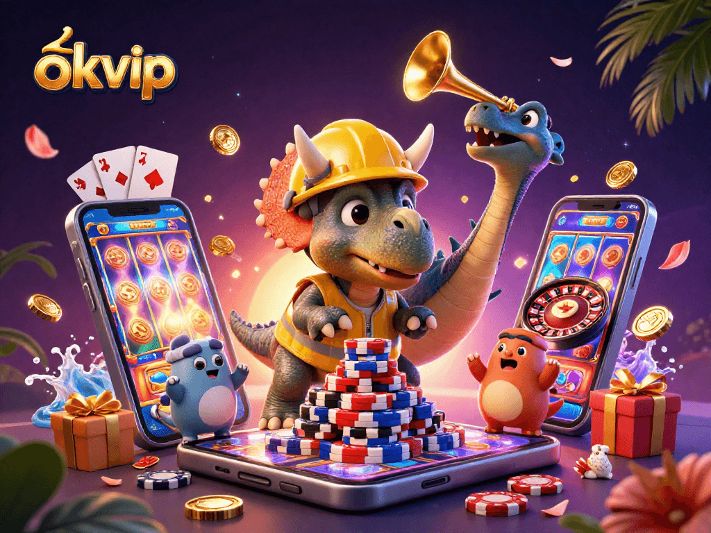Celebrate poker strategies with okvip: vibrant scene featuring dinosaurs and casino elements.