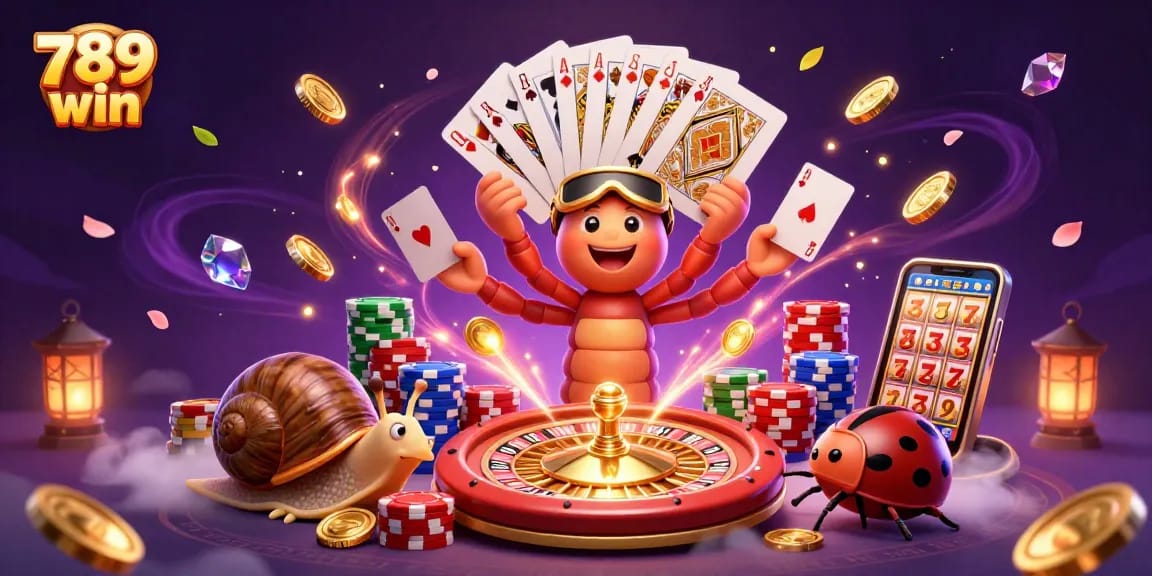 Experience the excitement of 789 win with animated characters in a rich casino scene.