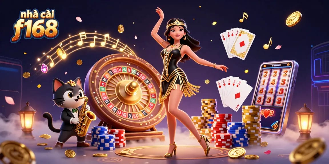 Experience excitement with nhà cái f168 featuring vibrant casino elements and characters in an engaging illustration.