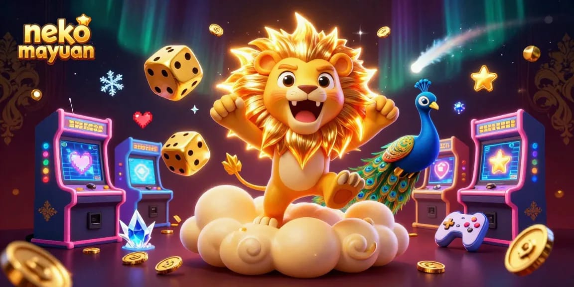 Experience thrilling gameplay with neko may mắn, featuring golden lion, dice, and arcade machines.