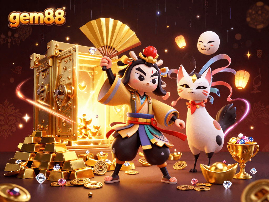Experience the thrill of gem88 with a kabuki warrior and treasures in a vibrant casino scene.