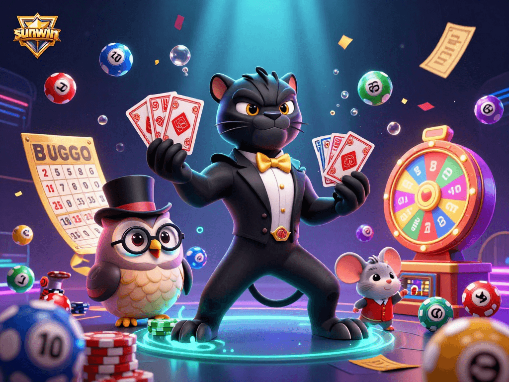 Engage in thrilling gameplay at sunwin with a vibrant 3D illustration of characters and casino elements.
