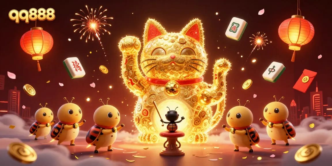 Engage with excitement at qq888, featuring a lucky cat surrounded by vibrant casino symbols.