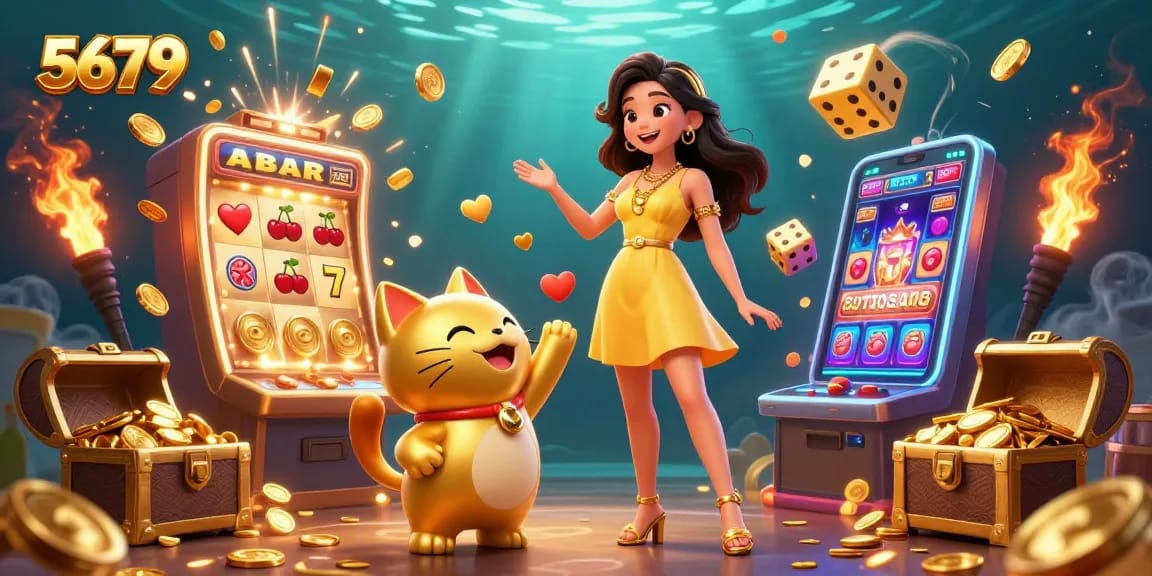 Experience vibrant wins with 5679 featuring a joyful woman and lucky cat at a lively casino scene.