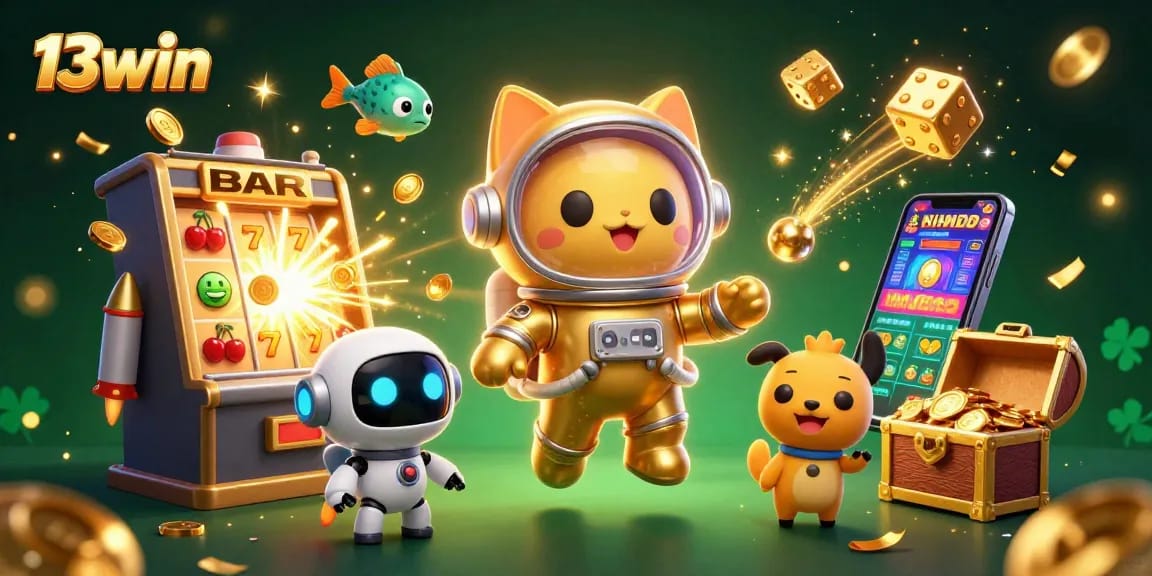 Win big with 13win in a vibrant 3D casino illustration featuring an astronaut cat and a jackpot explosion.
