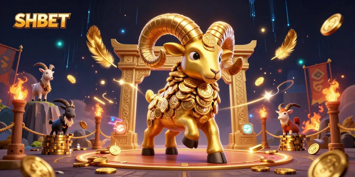 Experience the dynamic thrill of SHBET with a golden ram charging at a casino gate amidst vibrant elements of gaming.