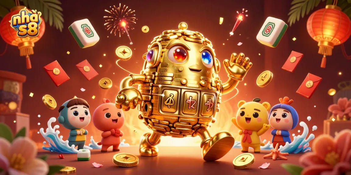 Engage with nhà cái s8's vibrant gaming world featuring a golden golem surrounded by festive casino elements.