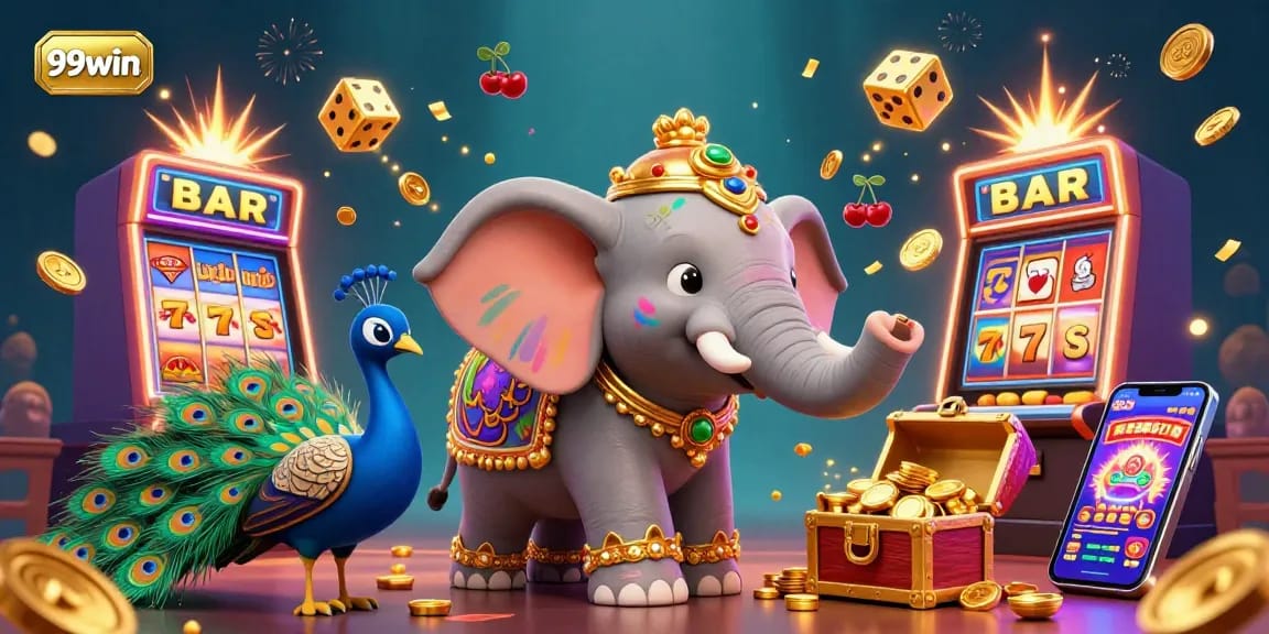 Experience thrilling gaming with 99win as a vibrant slot machine bursts with rewards above a colorful scene.