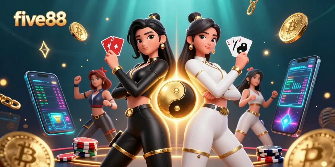 Engage with the excitement of five88 casino featuring vibrant twin Asian women with playing cards.
