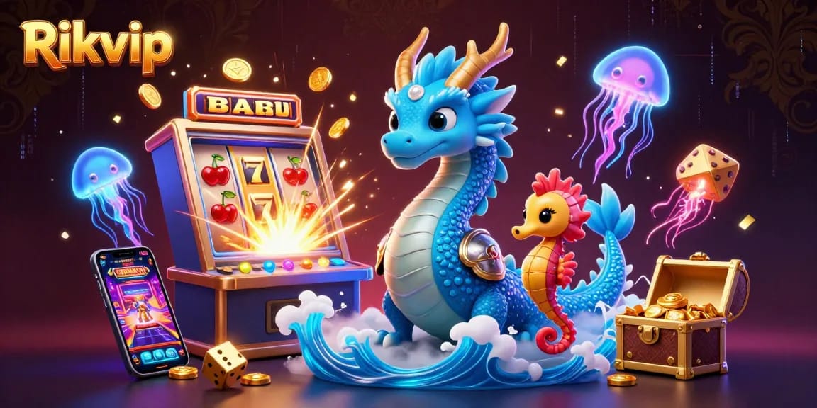 Experience exhilarating games at Rikvip's vibrant casino, featuring immersive slot machines, golden treasures, and dynamic characters.
