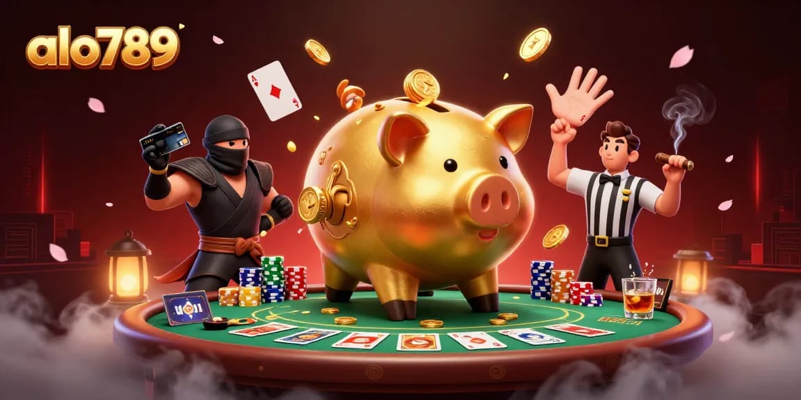 Alo789 showcases a dynamic poker scene with colorful chips and a vibrant design featuring characters like a sumo wrestler and a ninja.