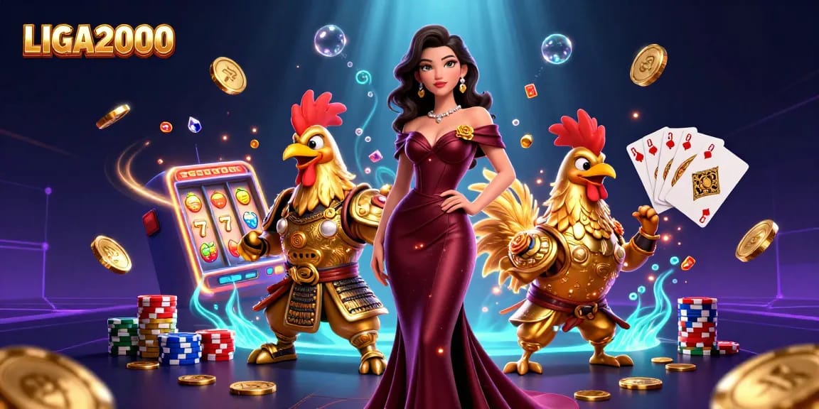 LIGA2000 menawarkan pengalaman slot yang mendebarkan dengan atmosfer glamor yang menampilkan seorang wanita glamor dan seorang pejuang ayam jantan emas.