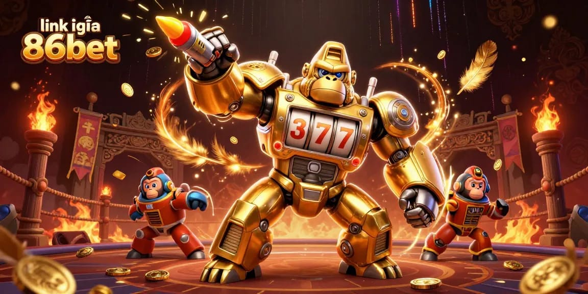 Engage with link vào 86bet, where golden gorilla mech symbolizes top-tier gambling excitement.