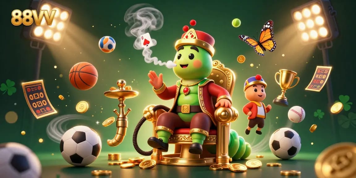 88VV offers a lively scene featuring a cartoon caterpillar master of games amidst dynamic sports betting elements.